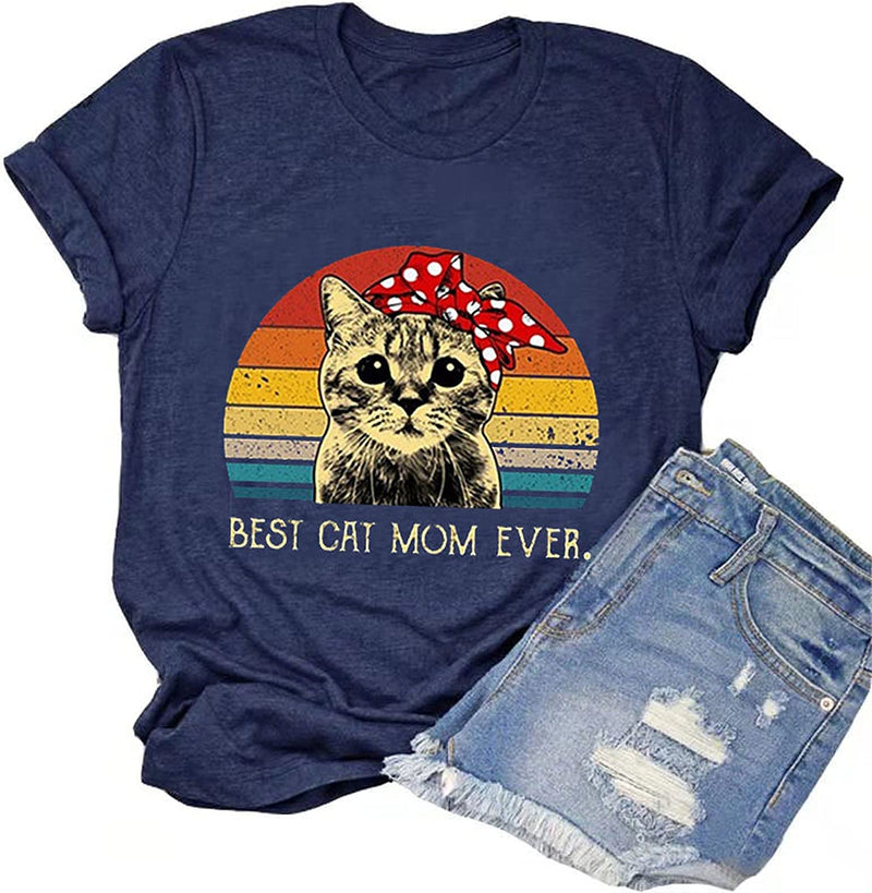 Women Vintage Best Cat Mom Ever T-Shirt Retro Gift Tee for Cat Lover