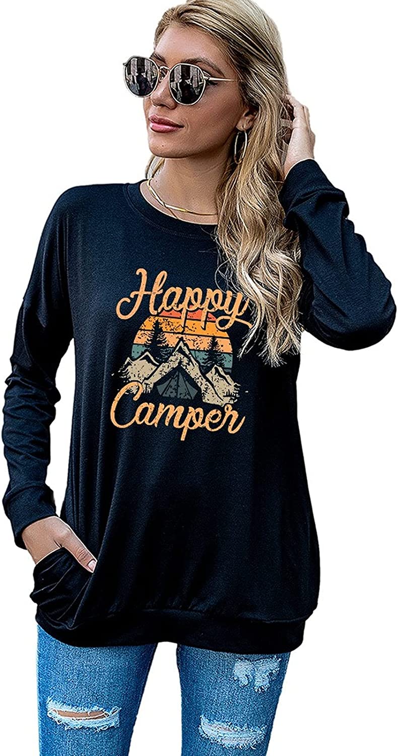 Happy Camper Camping Hiking Travel Shirt for Women Long Sleeve Camp Life Blouse