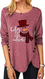 Women Christmas Snowman Printed Irregular Button Long Sleeve Round Neck Shirt