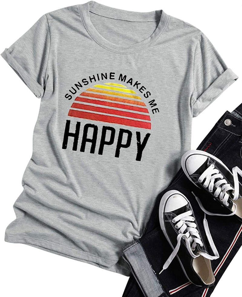 Women Sunshine Makes Me Happy T-Shirt Sunshine Graphic Shirt Casual Tees