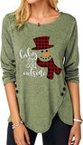 Women Christmas Snowman Printed Irregular Button Long Sleeve Round Neck Shirt