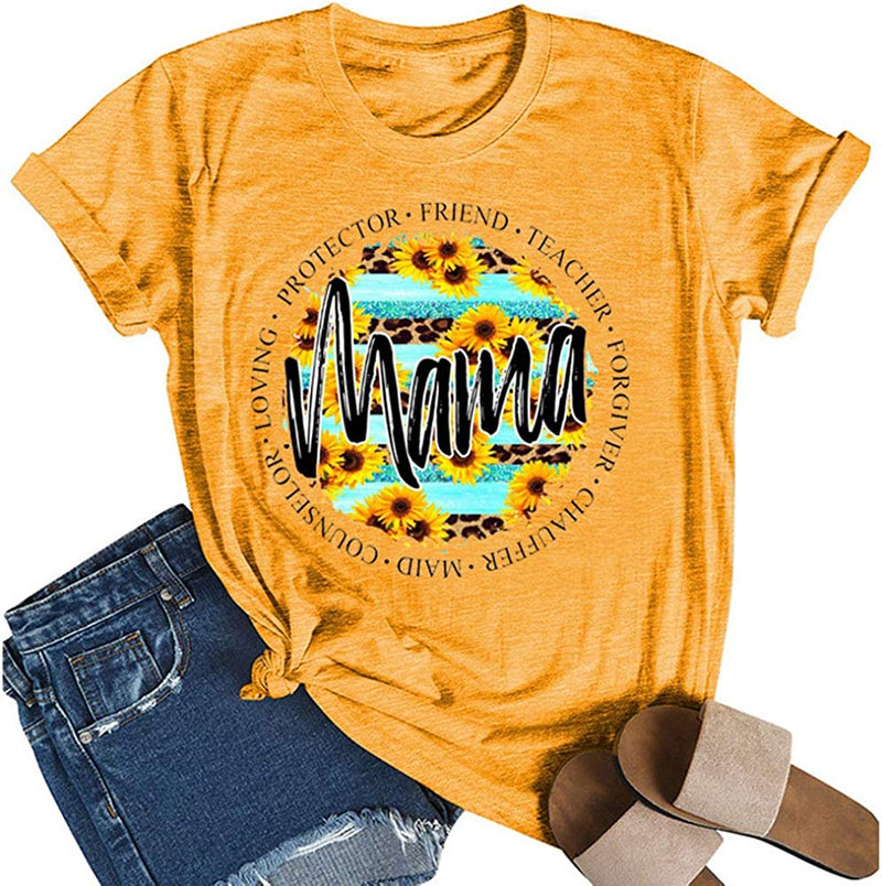 Women Leopard Sunflower Mama T-Shirt Sunflower Shirt
