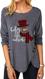 Women Christmas Snowman Printed Irregular Button Long Sleeve Round Neck Shirt