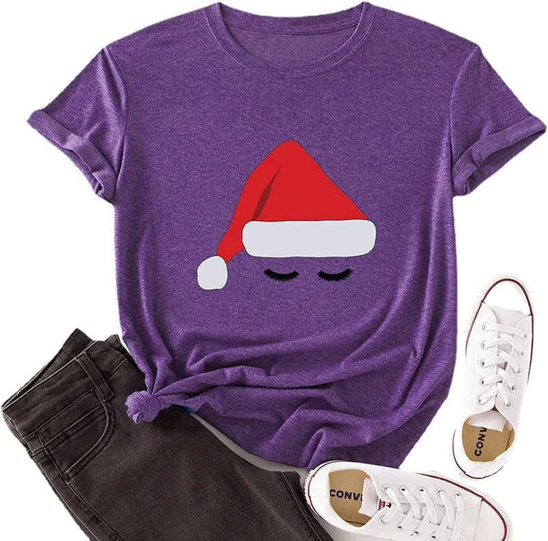 Women Santa Hat Cute Eyes Graphic Christmas T-Shirt