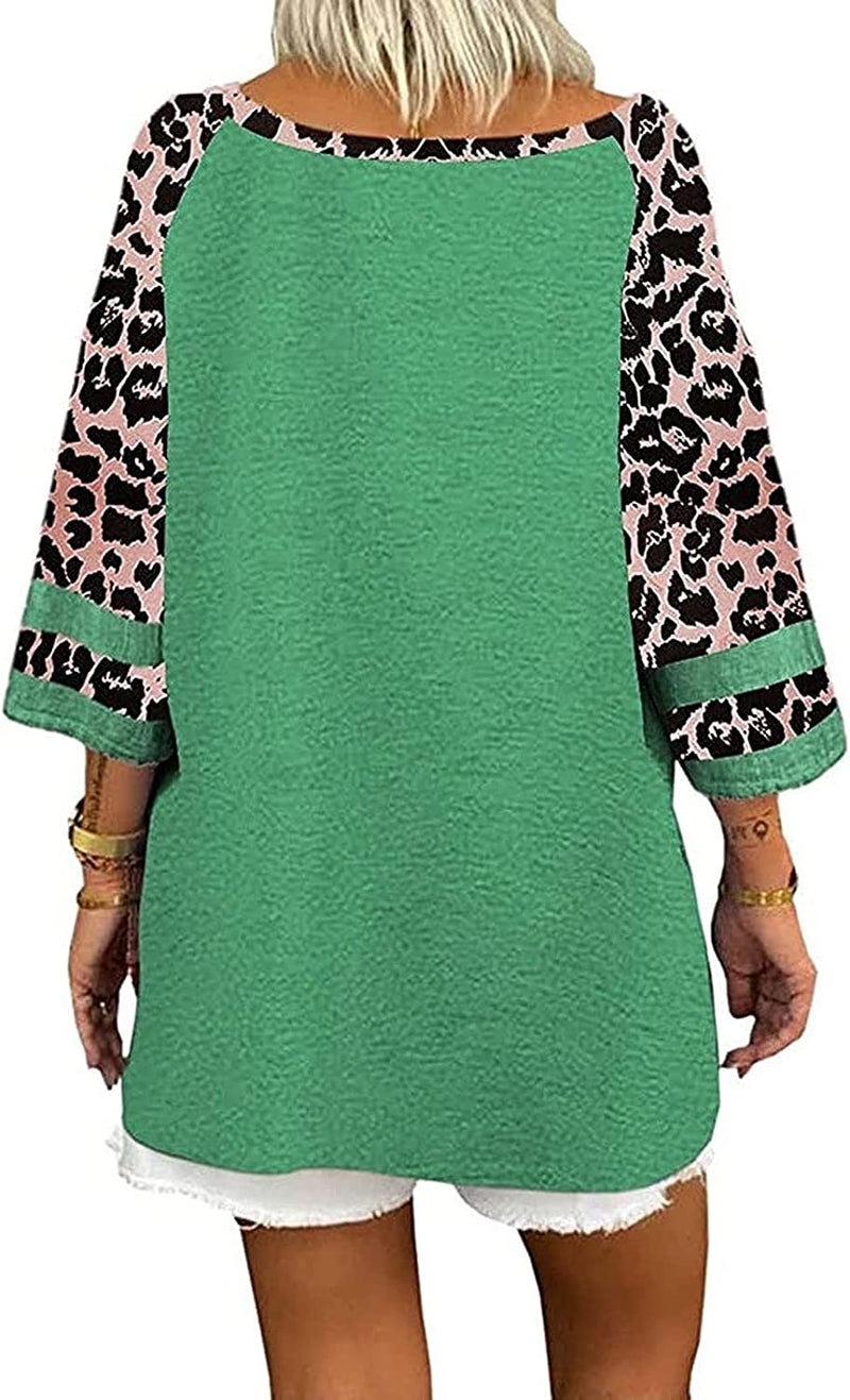 Women Blouse 3/4 Raglan Sleeves Striped Contrast Color Leopard Print Tunic Top for Women