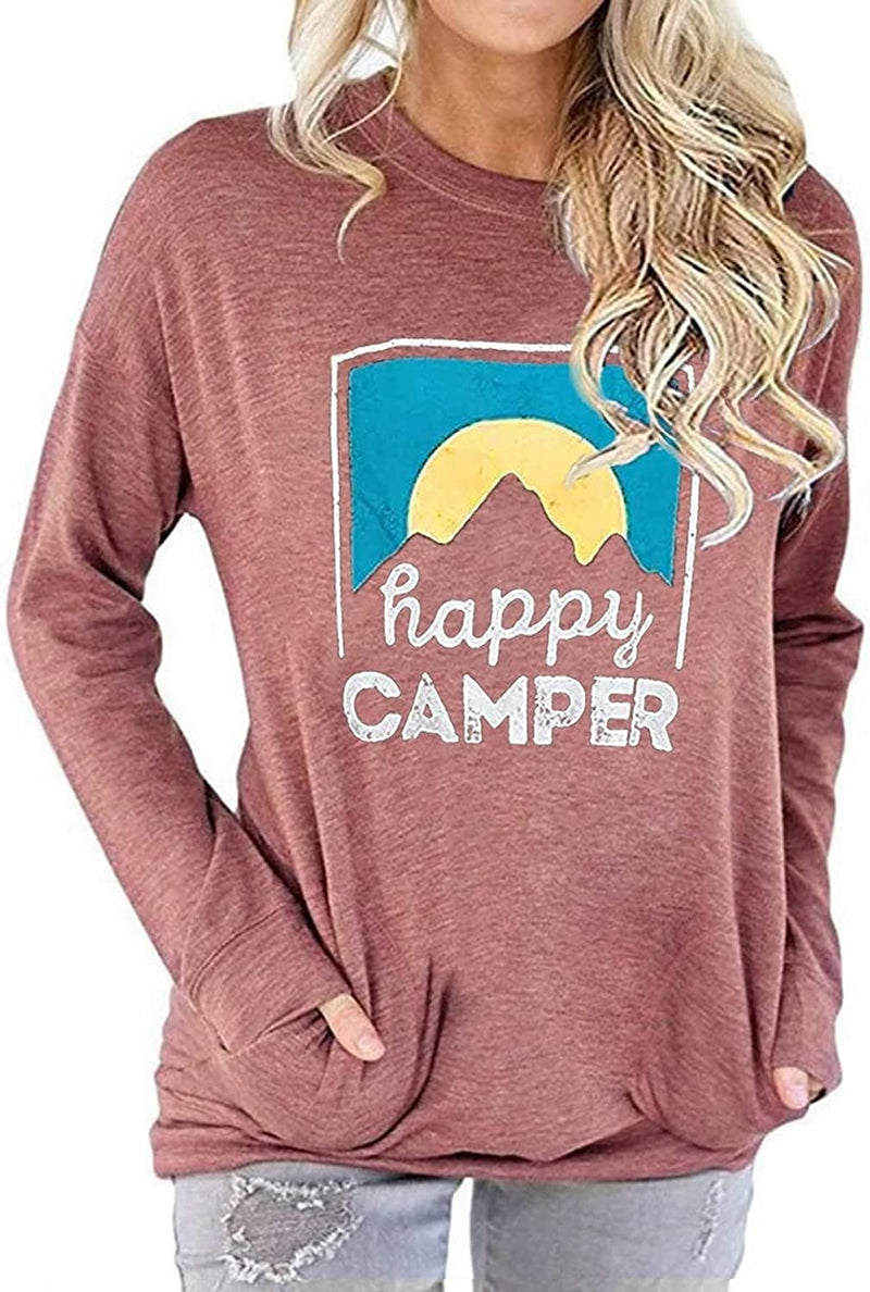 Happy Camper Blouse Women Funny Graphic Hiking Shirt
