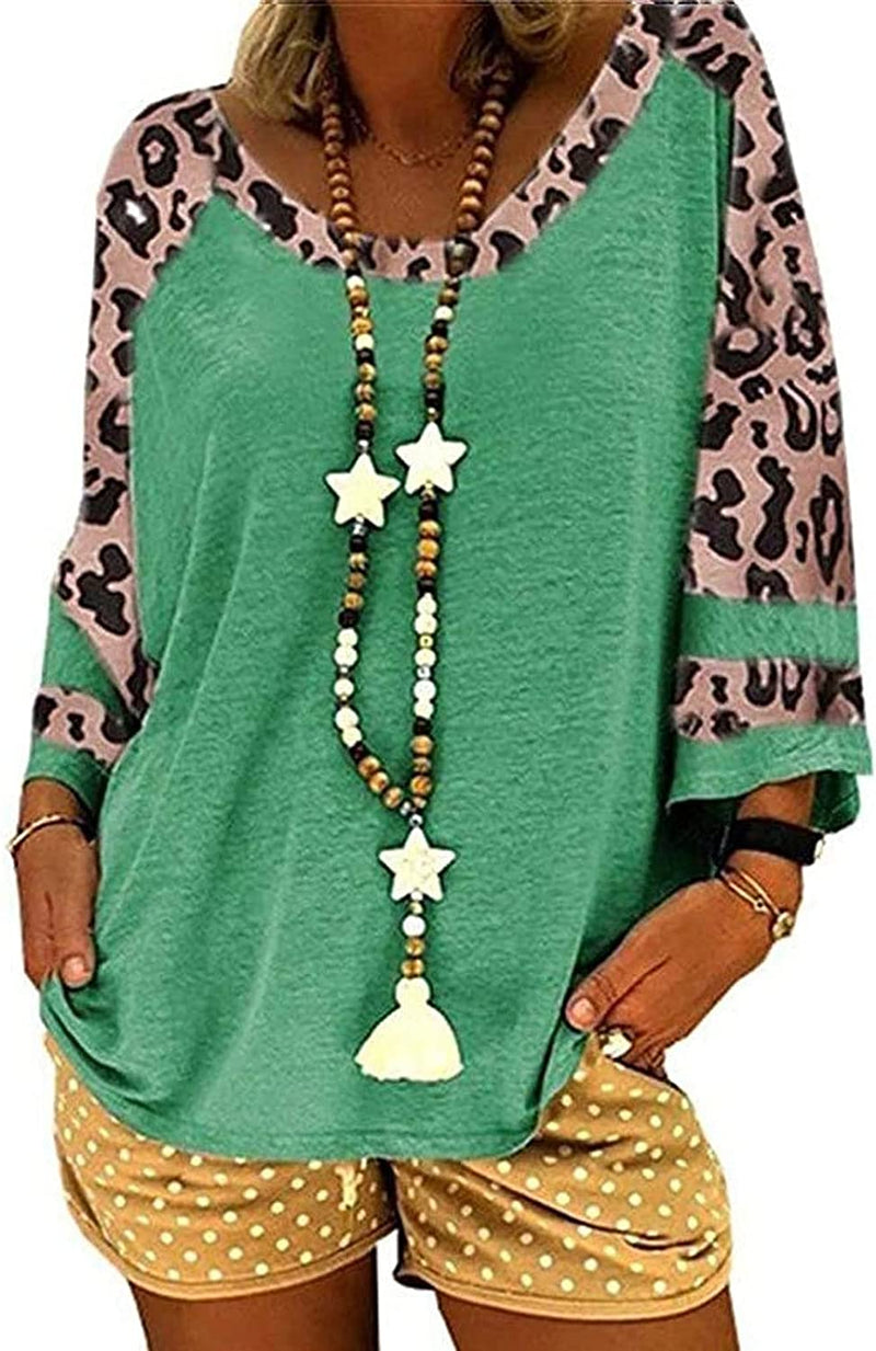Women Blouse 3/4 Raglan Sleeves Striped Contrast Color Leopard Print Tunic Top for Women