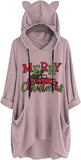 Women Cat Ears Merry Christmas Hooded Sweater Graphic Shirt With Pockets