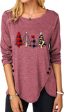 Women Christmas Tree Top Irregular Button Long Sleeve Round Neck Shirt