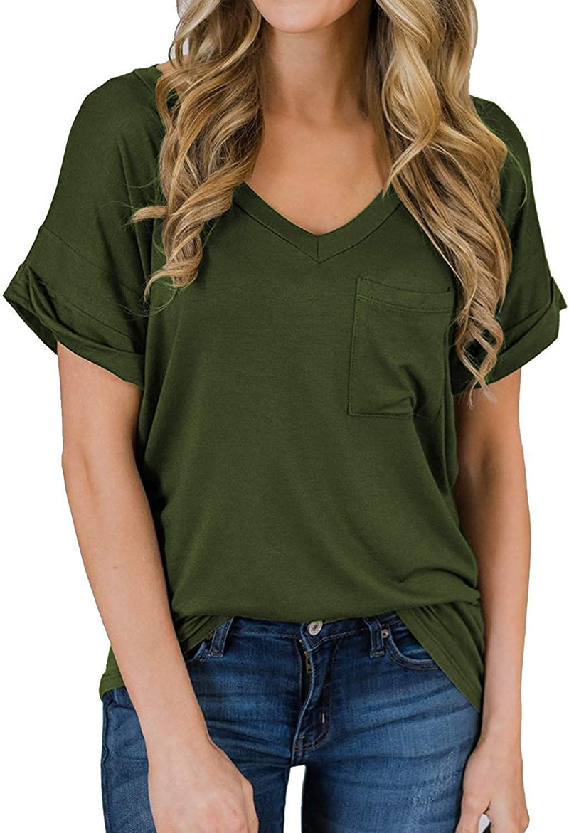 Women Fashion V Neck Tunic Shirt Basic T-Shirt with Pocket