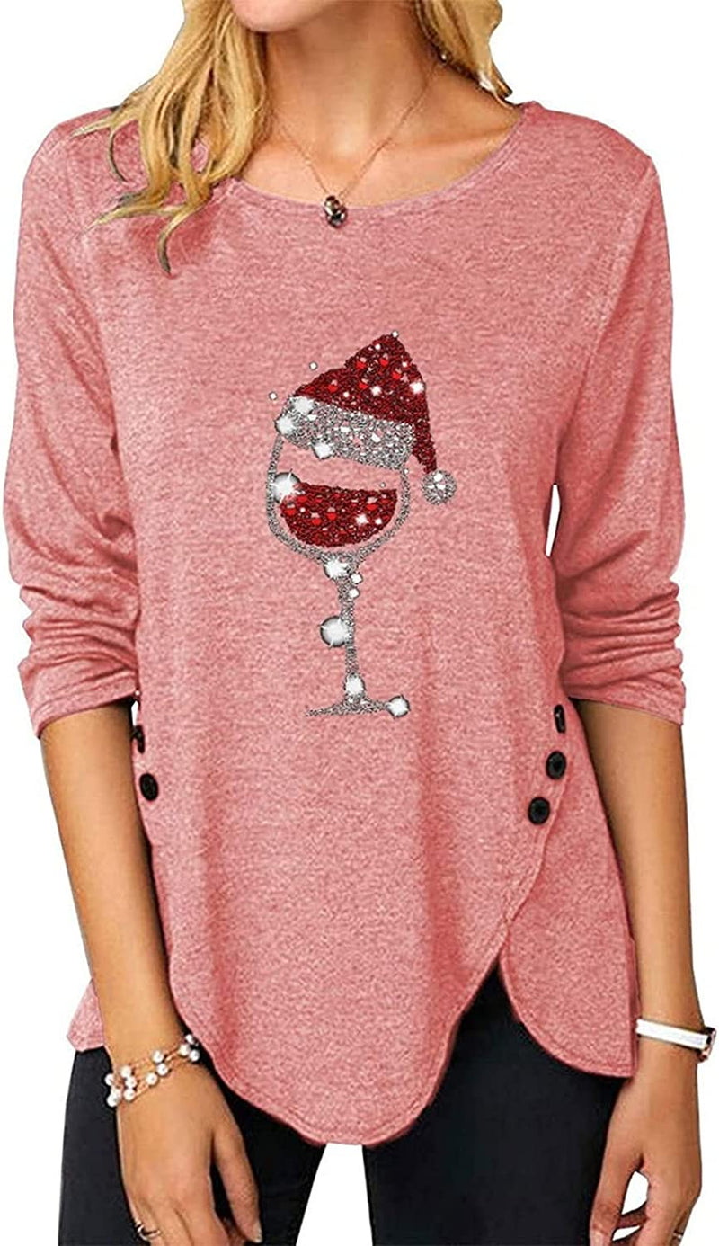 Women Wine Santa Hat Shirt Christmas Wine Fashion Blouse