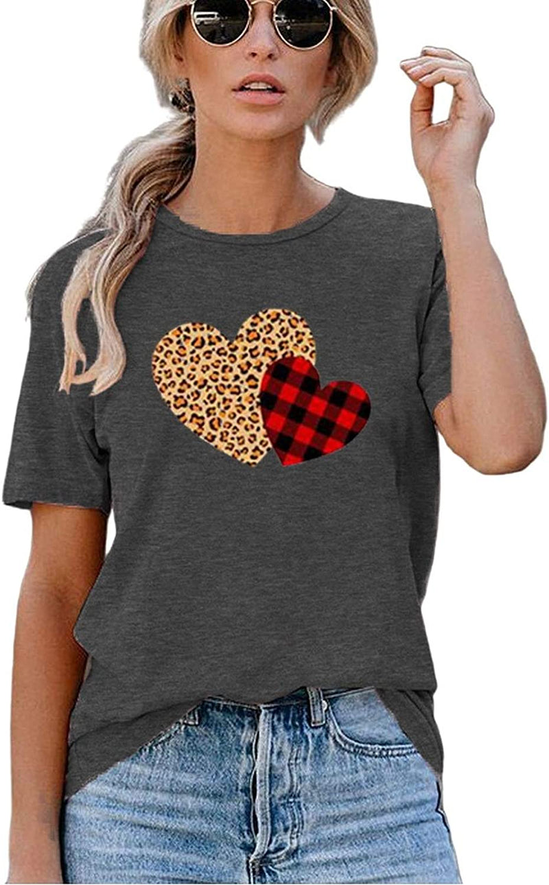 Women Buffalo Plaid & Leopard Heart T-Shirt Valentine's Day Shirt