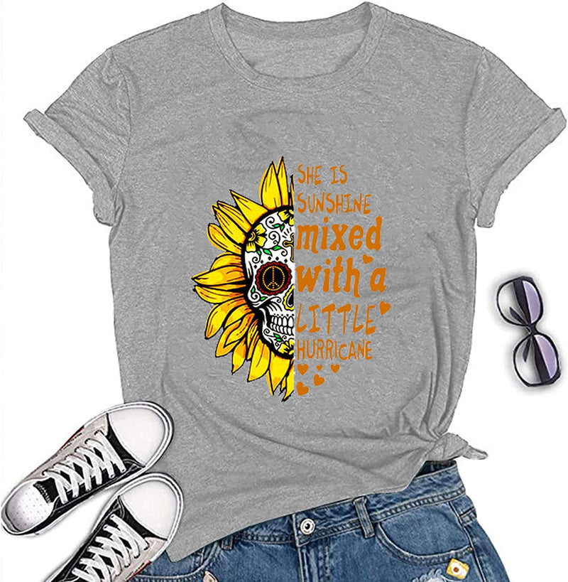 Sunshine Mixed with A Little Hurricane Women Graphic T-Shirt Sunflower Skull Shirt