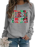 Women Long Sleeve Leopard & Buffalo Plaid Merry Christmas Sweater Christmas Shirt