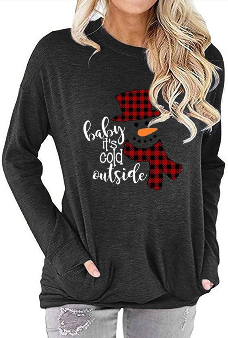 Women Pocket Blouse Checkered Stitching Christmas Snowman Print Round Neck Long Sleeve Shirt