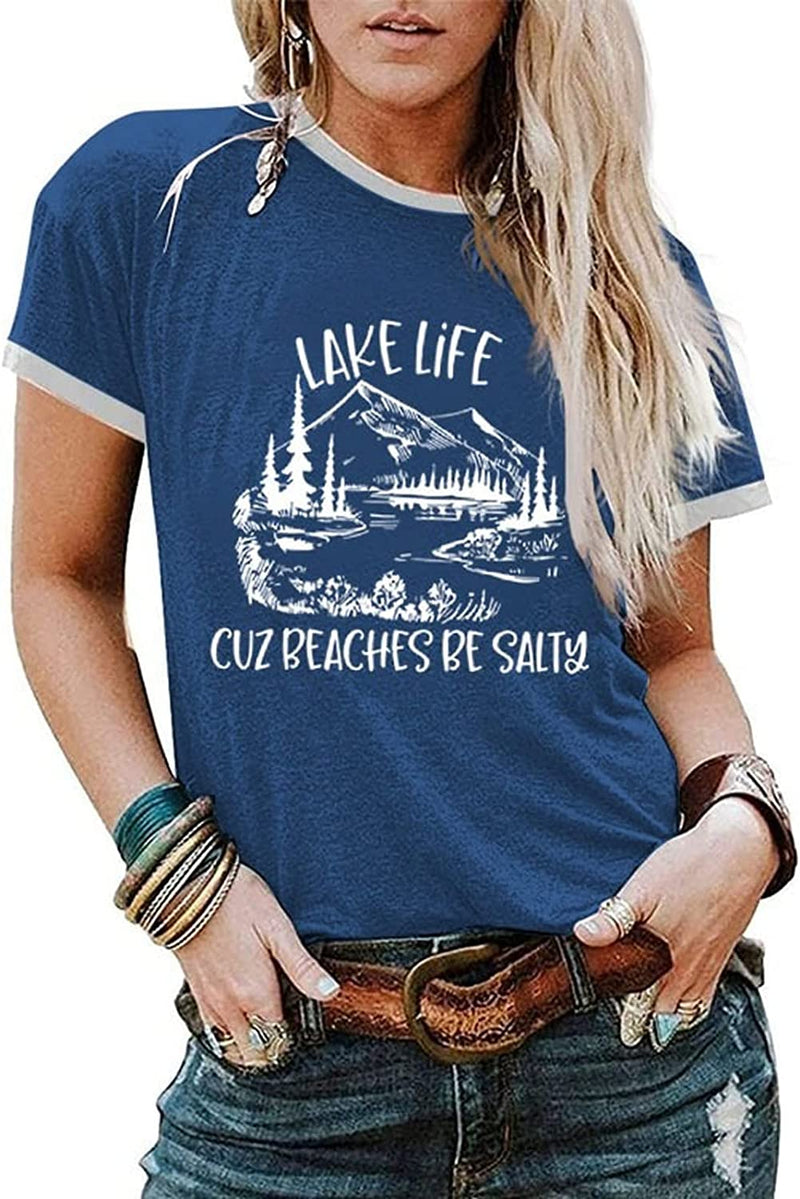 Cute Vacation T-Shirt Women Lake Life Because Beaches Be Salty Graphic Tees