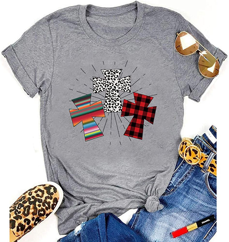 Women Buffalo Plaid Leopard Cross T-Shirt