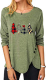 Women Christmas Tree Top Irregular Button Long Sleeve Round Neck Shirt