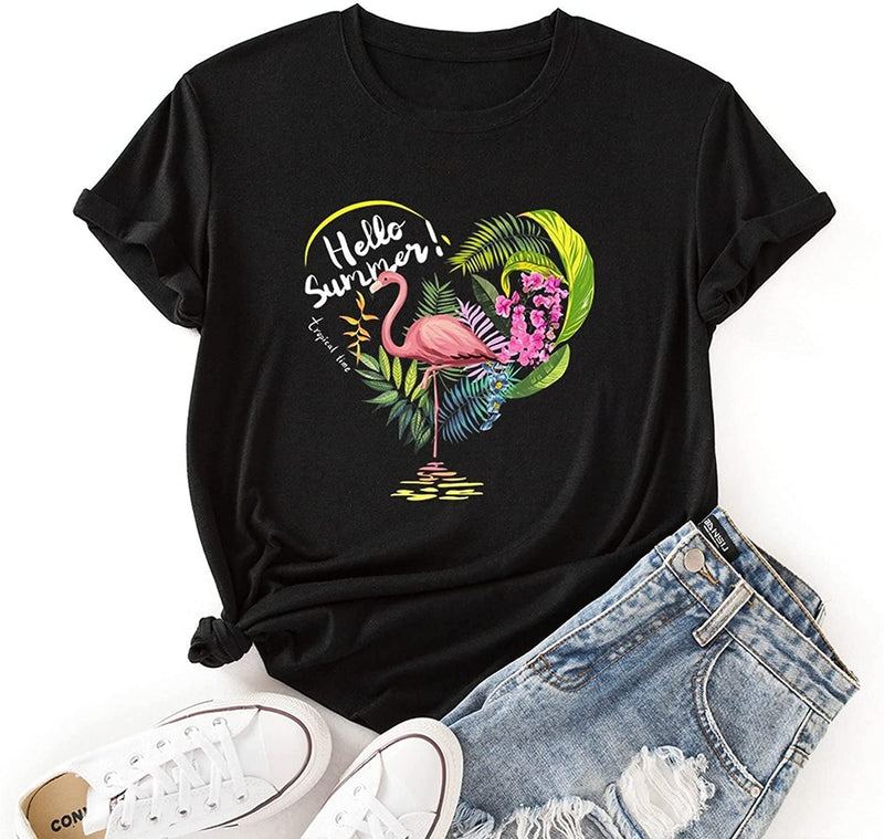 Flamingo Hello Summer T-Shirt Women Summer Favorite Season Tees Tops