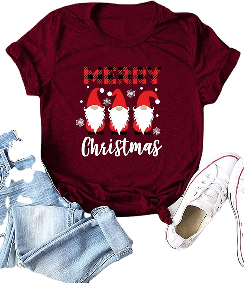 Buffalo Plaid Merry Christmas T-Shirt for Women Cute Gnomies Christmas Tees