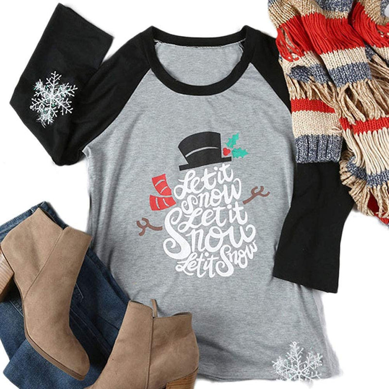 Women 3/4 Sleeve Let it Snow Blouse Christmas Raglan Shirt