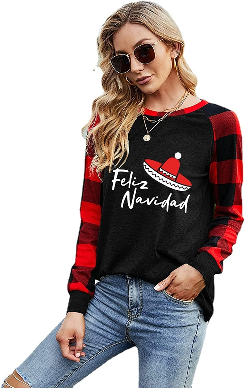 Women Feliz Navidad Shirt Santa Hat Sombrero Buffalo Plaid Sleeve Blouse