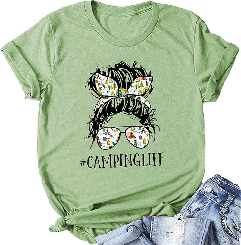 Camping Life T-Shirt for Women Messy Bun Glasses Shirt Woman Camper Shirt Camping Hair Shirt