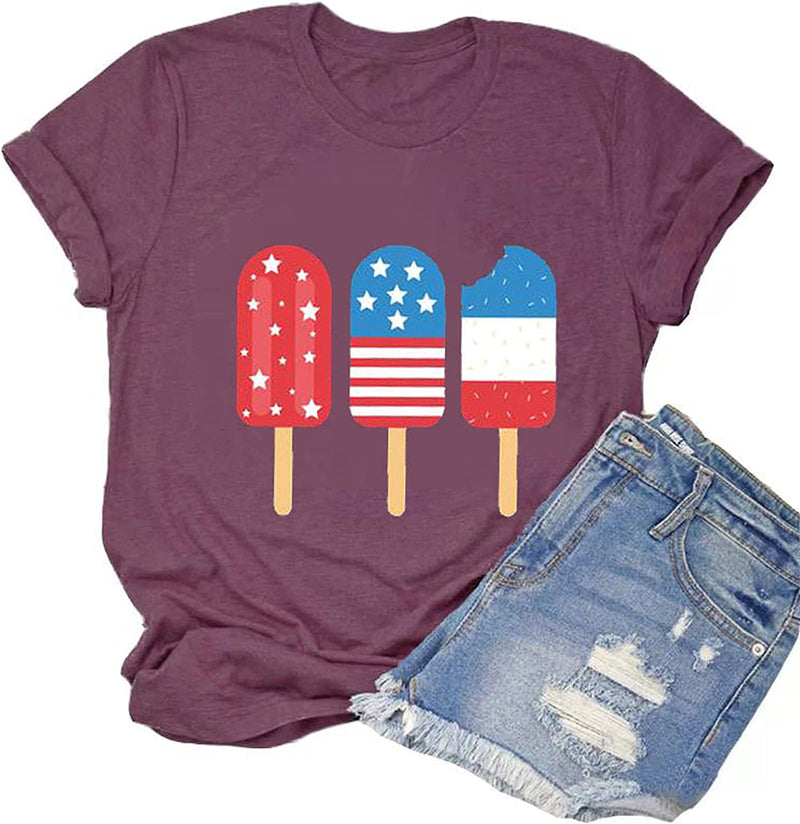 Women American Flag Ice Cream Popsicle T-Shirt 4th of July Graphic Tee