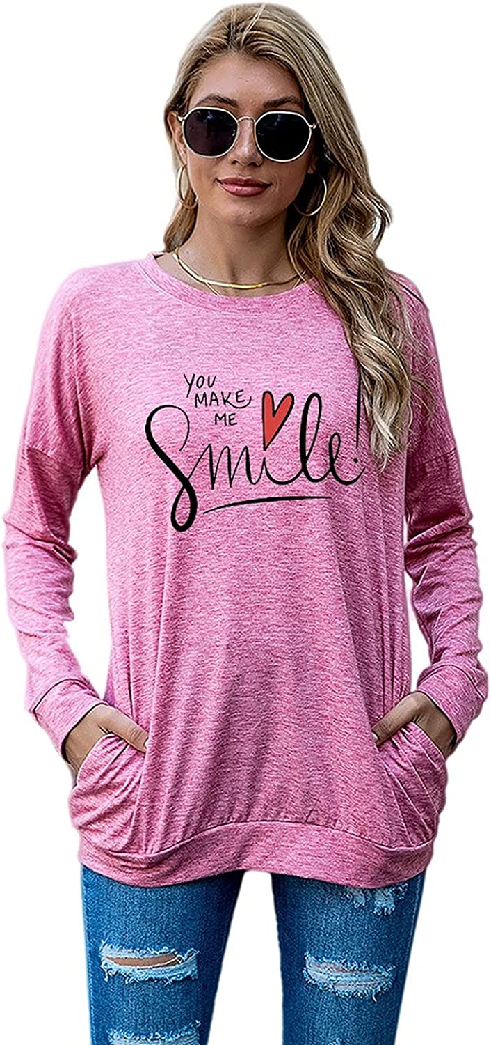 Happy Shirt Women You Make Me Smile Long Sleeve Love Heart Gift Blouse with Pockets