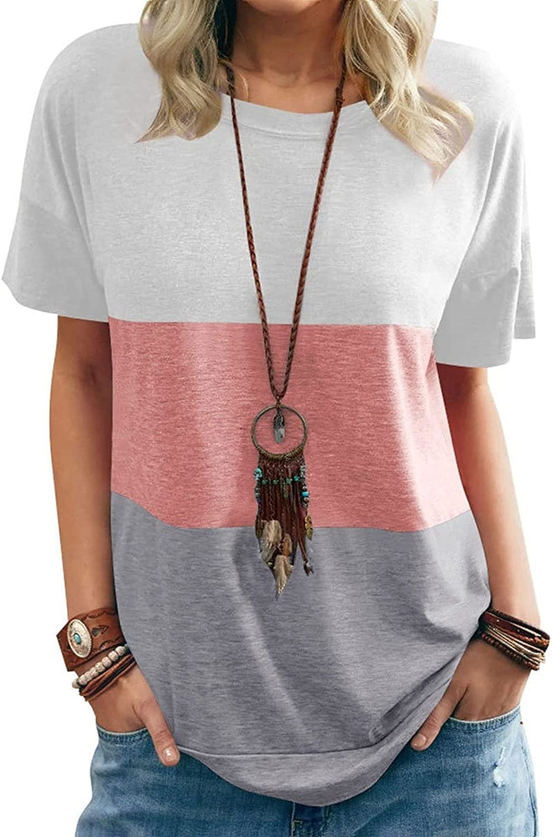 Women Round Neck Triple Color Block T-Shirt Tunic Shirt