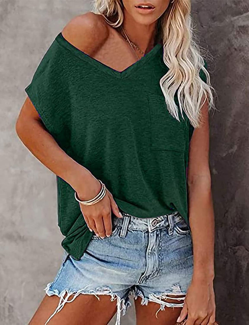 Fashion V-Neck T-Shirt with Pocket Tunic Shirt for Women