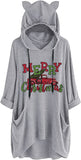 Women Cat Ears Merry Christmas Hooded Sweater Graphic Shirt With Pockets