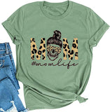 Women Mom Life T-Shirt Leopard Skull Mom Shirt Messy Bun Skull Graphic Shirt