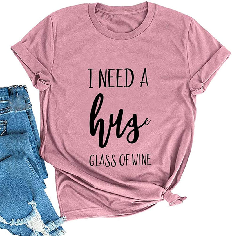 FZLYE Womens I Need A Huge Glass of Wine T-Shirt Short Sleeve Taco Tees Margarita Shirt Funny Drinking Tops (Large,A2Red)