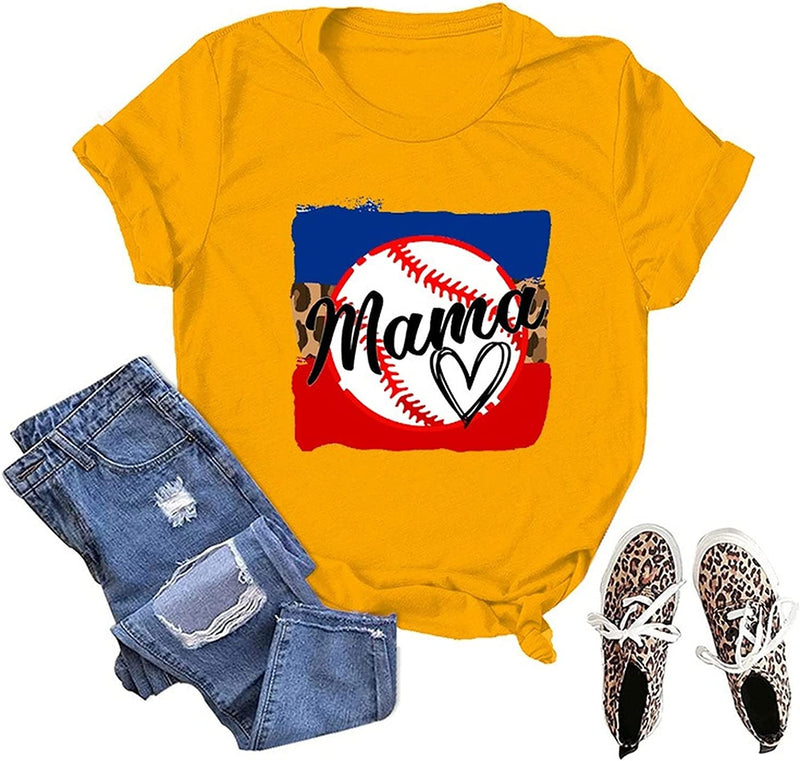 Women Baseball Mama T-Shirt Funny Baseball Mom Tees Tops