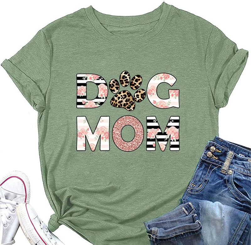 Dog MOM Tees Women Leopard Footprints Graphic Shirt