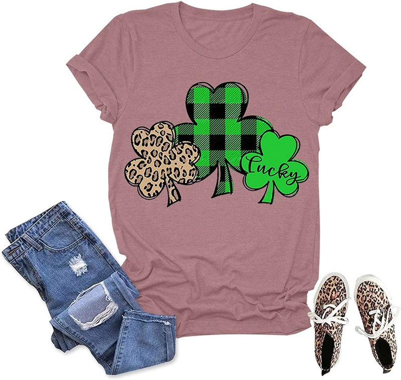 Women Green Buffalo Plaid & Leopard Lucky Clovers T-Shirt St Patricks Day Shirt