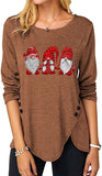 Women Women Christmas Gnomies Fashion Top Irregular Button Long Sleeve Round Neck Shirt