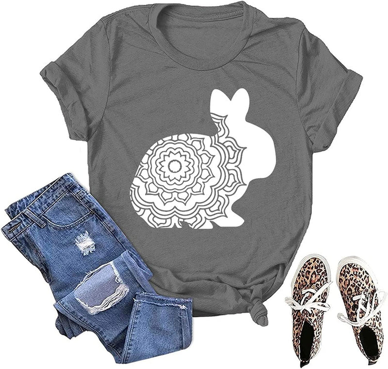 Cute Easter Floral T-Shirt Women Flower Rabbit Gift Tee