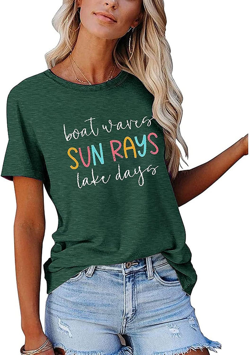 Women Boat Waves Sun Rays Lake Days Fashion T-Shirt Sun Rays Shirt