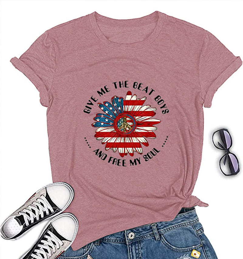 Women Hippie American Flag Sunflower T-Shirt Give Me The Beat Boys and Free My Soul Shirt