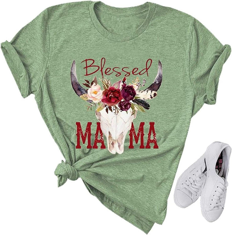 Women Blessed Mama Bull Skull T-Shirt Floral Mama Shirt