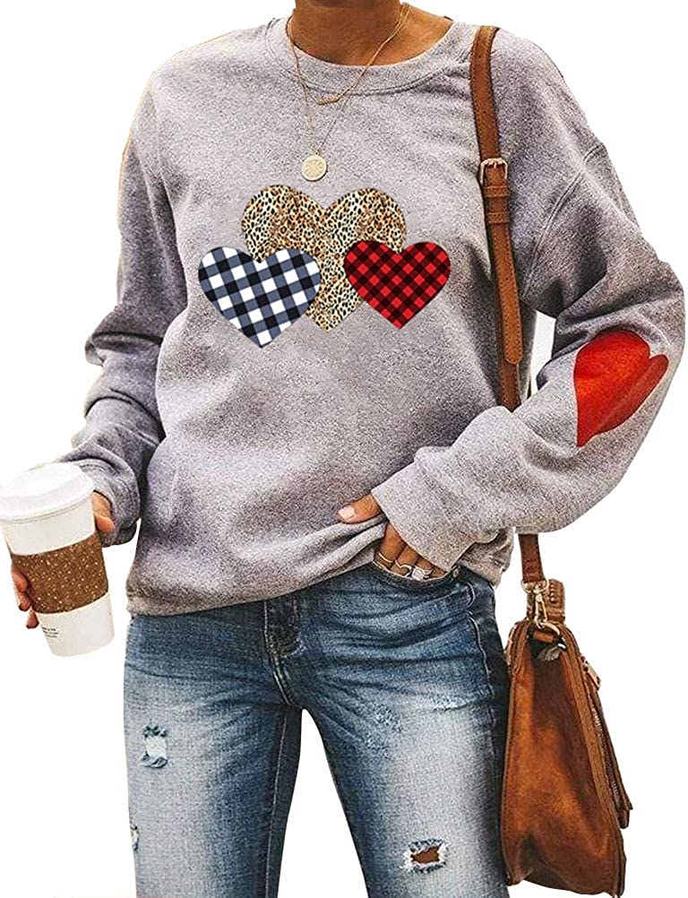Sweat-shirt à manches longues pour femmes, carreaux de buffle et cœur léopard