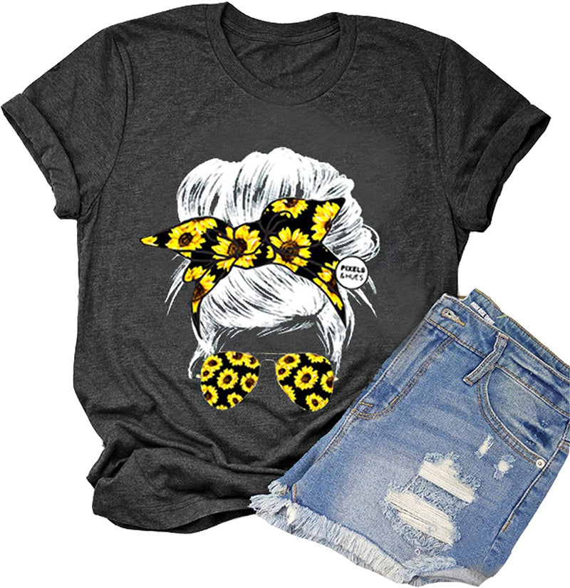 Women Messy Hair Bun Sunflower T-Shirt Messy Bun Skull Shirt