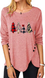 Women Christmas Tree Top Irregular Button Long Sleeve Round Neck Shirt