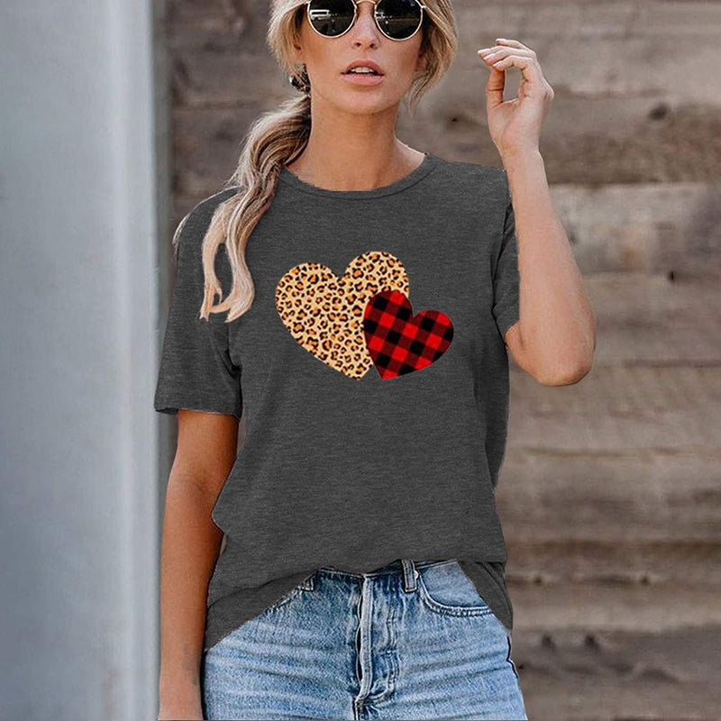 Women Buffalo Plaid & Leopard Heart T-Shirt Valentine's Day Shirt