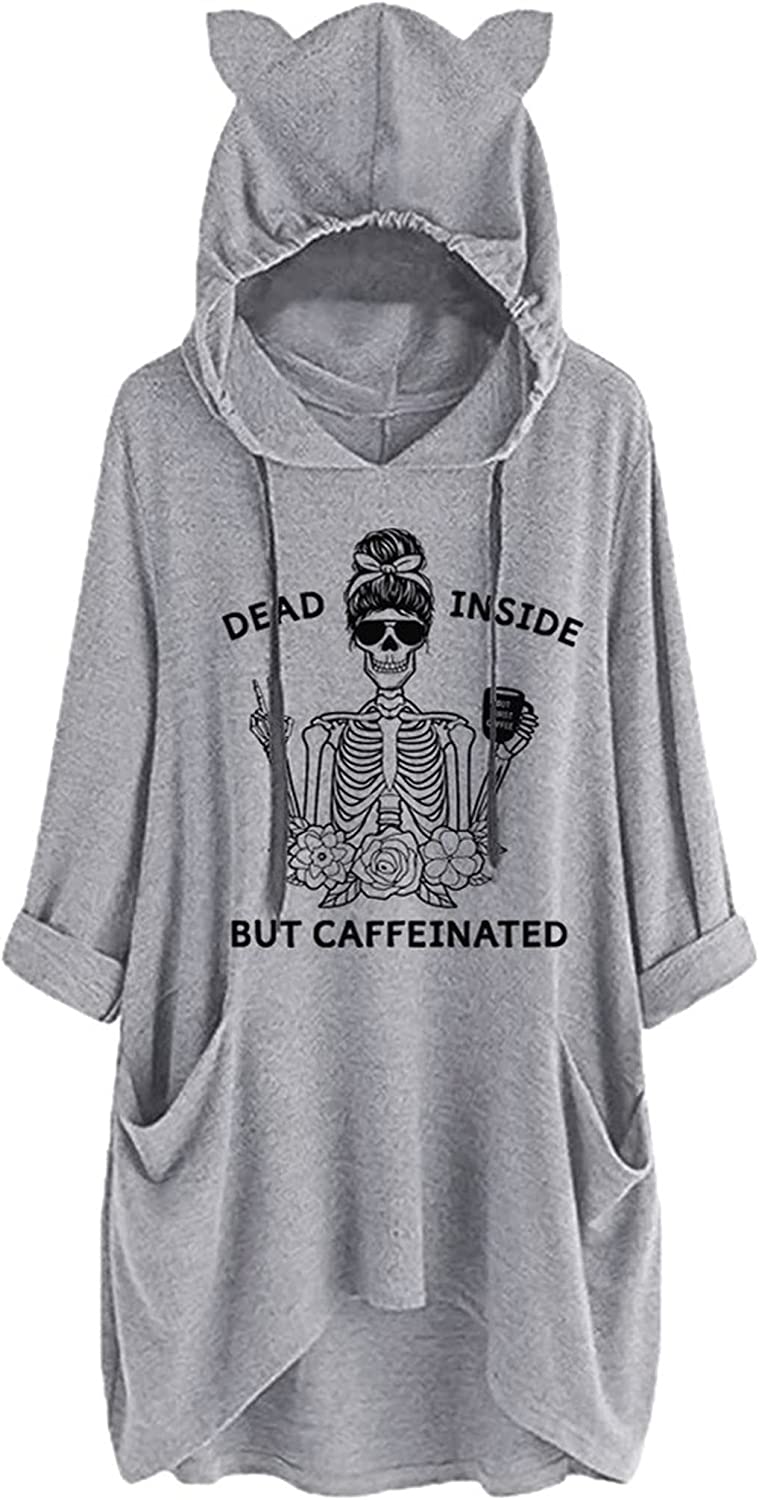 Dead Inside But Caffeinated Sunflower Women Long Sleeve Hoodies Skull Shirt for Women