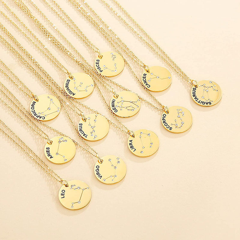 Gold Plated Constellation Pendant Necklace Horoscope Zodiac Sign Coin Charms with Adjustable