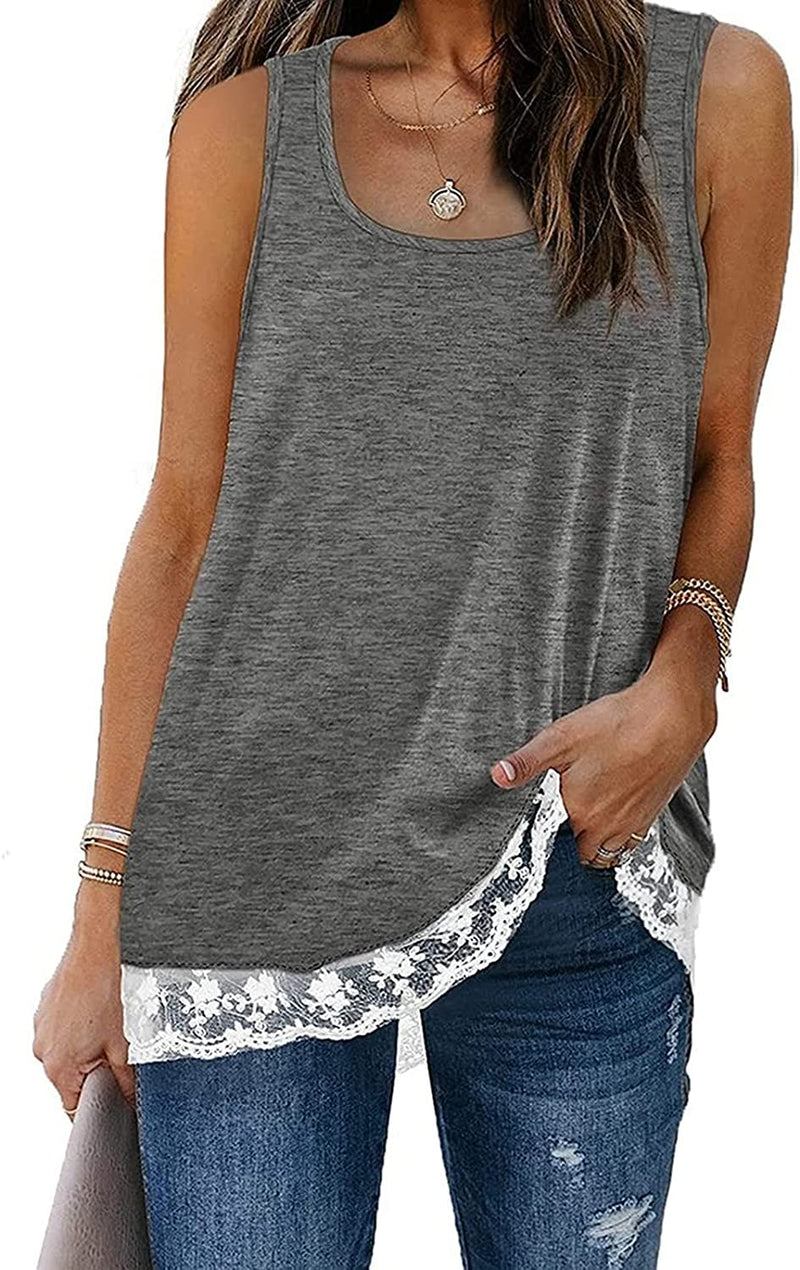 Women Fashion Tank Tops Solid Color Stitching Lace Square Round Neck Shirt