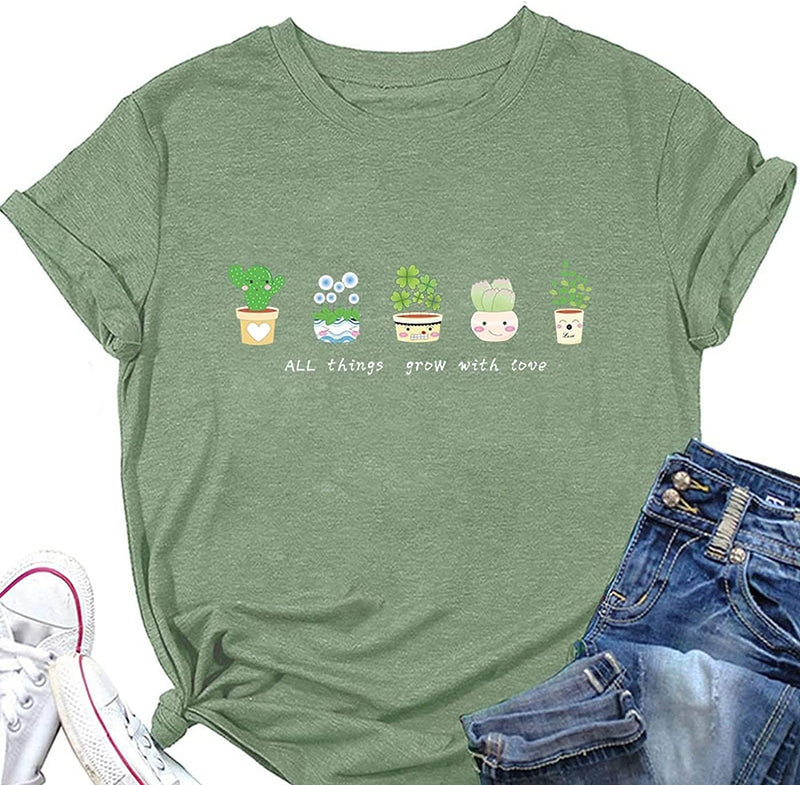 Women Positive Vibes T-Shirt All Things Grow with Love Plant Addict Shirt